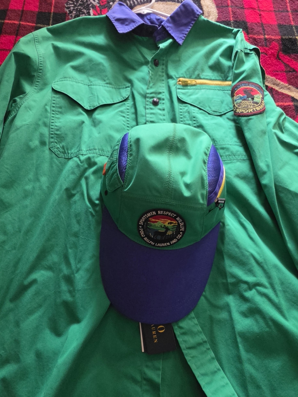 Polo by Ralph Lauren Green and Blue Casual Button-Down Shirt with Matching Cap